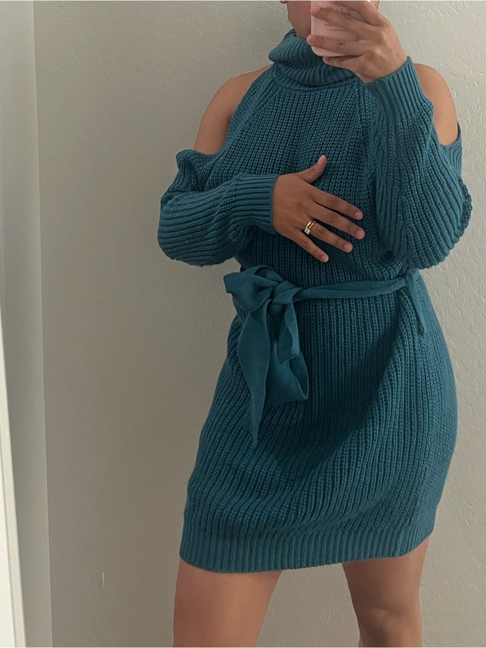 Fashion Nova Teal Cold-Shoulder Knit Sweater Dress
